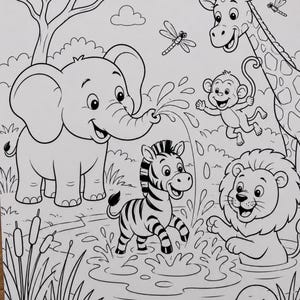 A black and white coloring page illustration featuring a cartoon elephant spraying water from its trunk at a zebra standing in a pond, with a lion, a monkey, and a giraffe nearby, all surrounded by trees, grass, and dragonflies.