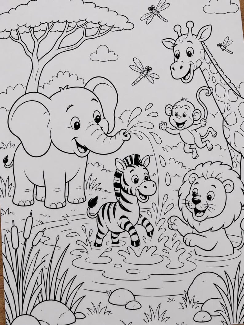 A black and white coloring page illustration featuring a cartoon elephant spraying water from its trunk at a zebra standing in a pond, with a lion, a monkey, and a giraffe nearby, all surrounded by trees, grass, and dragonflies.