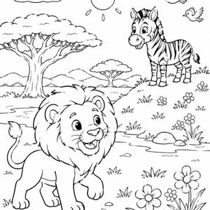 Playful line-art page with a smiling lion and zebra by a tree, safari animals coloring pages for kids