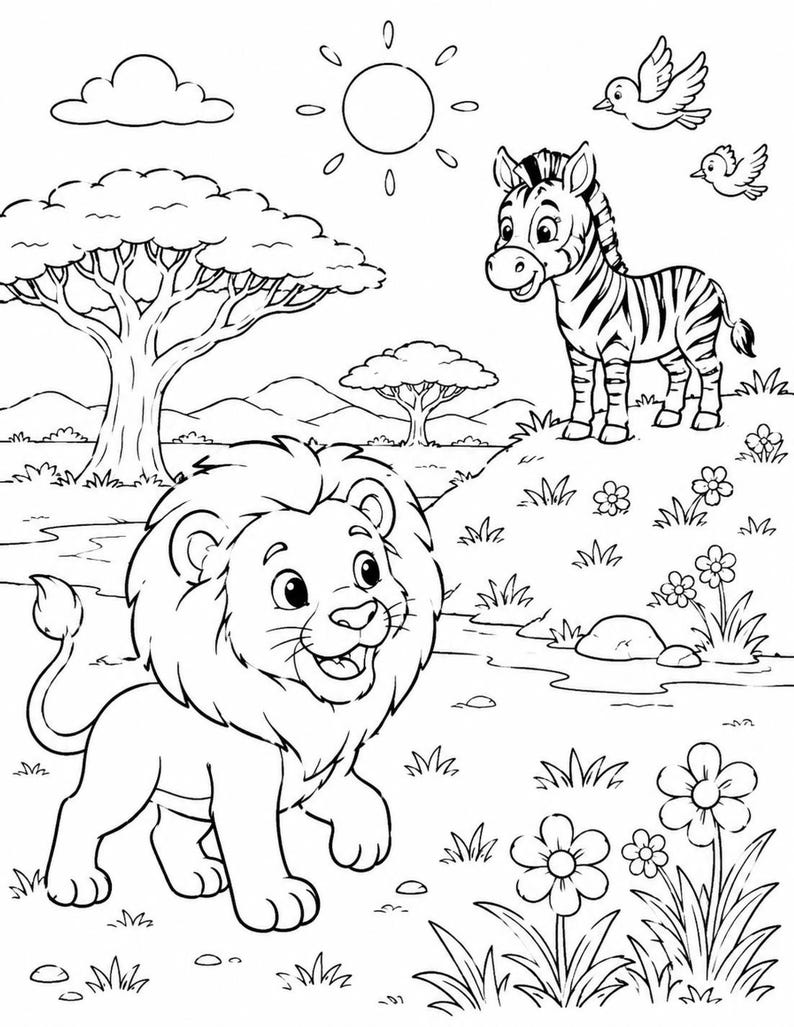 Playful line-art page with a smiling lion and zebra by a tree, safari animals coloring pages for kids