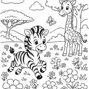 Cute zebra in foreground with a giraffe and flowers, bold toddler-friendly outlines, safari animals coloring pages for kids