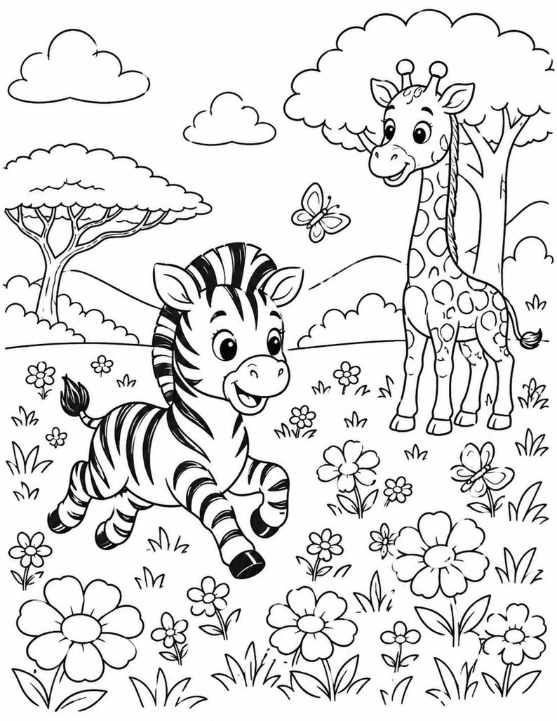 Cute zebra in foreground with a giraffe and flowers, bold toddler-friendly outlines, safari animals coloring pages for kids