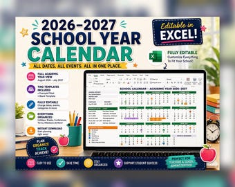 Calendrier scolaire Excel pour 2026-2027, modifiable, trimestres et jours fériés de la maternelle à la terminale