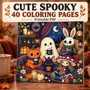 Cozy Halloween Coloring Book, 40 Printable Pages, Friendly Ghosts and Magical Creatures