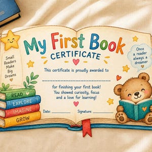 My First Book Certificate Printable, Kids Reading Achievement Award
