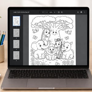 A laptop screen displaying a digital coloring page titled Jungle_Friends_Coloring_Pages.pdf. The black and white line art features a group of cartoon animals including an elephant, lion, zebra, rhino, and giraffe under a large tree.