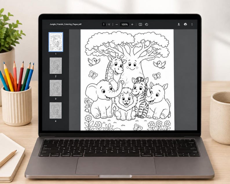 A laptop screen displaying a digital coloring page titled Jungle_Friends_Coloring_Pages.pdf. The black and white line art features a group of cartoon animals including an elephant, lion, zebra, rhino, and giraffe under a large tree.