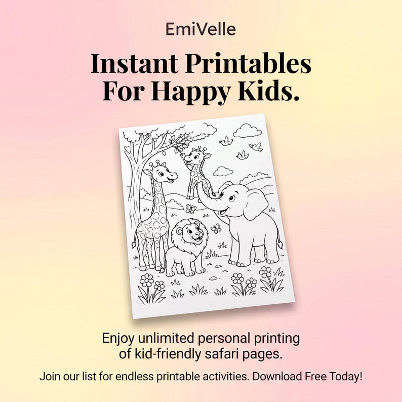 Pastel promo with a sample coloring page and 'Instant Printables' headline, safari animals coloring pages for kids