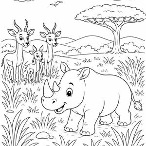 Vertical coloring page featuring a rhino in grass with two giraffes and an acacia tree, safari animals coloring pages for kids