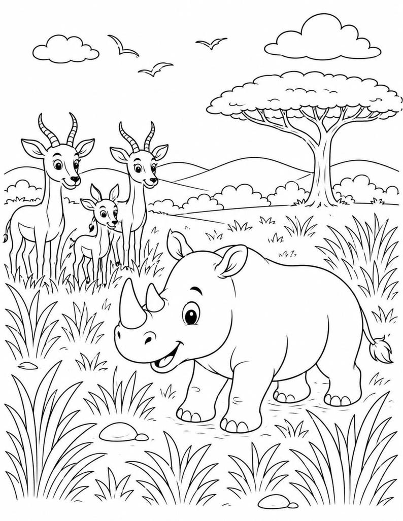 Vertical coloring page featuring a rhino in grass with two giraffes and an acacia tree, safari animals coloring pages for kids