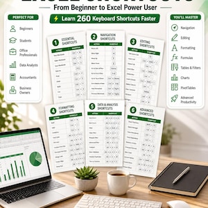 Op de afbeelding: Een digitale gids getiteld Master Excel Shortcuts met 260 sneltoetsen verdeeld over zes categorieën, waaronder navigatie, bewerken, opmaak, data-analyse en geavanceerde functies. Het is beschikbaar als A4-printbaar document.