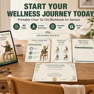 May include: A printable Chair Tai Chi workbook for seniors featuring 40 pages, an instant download, and a PDF format. The set includes a daily exercise routine, a stretch guide, a progress tracker, and a certificate of achievement, all displayed on a wooden desk.