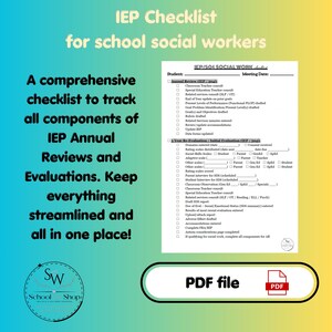 Könnte beinhalten: Ein weißes digitales Dokument mit dem Titel IEP/504 SOCIAL WORK checklist mit Kontrollkästchen für Annual Review und 3 Year Re-Evaluation. Die Seite enthält Felder für den Schülernamen und das Datum, ein PDF-Symbol und ein rundes School Shop Logo.