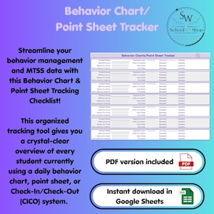 May include: A digital behavior chart and point sheet tracker document with a purple gradient background. The text reads Behavior Chart/Point Sheet Tracker, School SW Shop, PDF version included, and Instant download in Google Sheets.