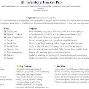 May include: A digital document titled Inventory Tracker Pro, a complete inventory management solution. It lists sheets including Dashboard, Product Lookup, Inventory Master, Stock In, Stock Out, Stock Count, Reorder List, Transaction Log, Reports, and Settings.