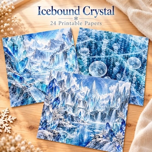 以下が含まれることがあります： Icebound Crystal 24 Printable Papersと書かれた3枚の正方形の印刷用ペーパー。青と白のイラストで、ギザギザの氷山、結晶構造、凍った風景の中に浮かぶ泡が描かれています。