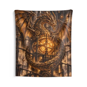 Clockwork Dragon Tapestry, Brass Steampunk Wall Hanging, Fantasy Gear Art, Oversized Bedroom Decor