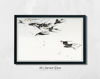 Vintage Japanese Art Painting | Flying Magpies | Printable Antique Bird Art Print | DIGITAL DOWNLOAD