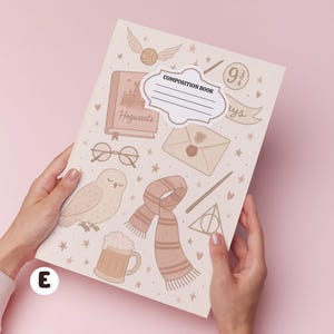May include: A cream-colored composition book featuring a repeating pattern of brown line art illustrations including a book labeled Hogwarts, a letter, glasses, an owl, a scarf, a mug, a wand, a golden snitch, and the number 9 3/4.