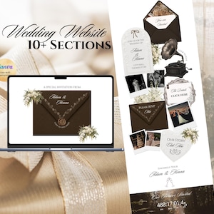 May include: A digital wedding website template featuring a laptop screen displaying a brown envelope invitation with floral accents and a vertical layout showing over ten sections including photo galleries, RSVP, and countdown timer elements.