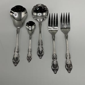 Vintage Oneida Community Stainless BRAHMS 5 Piece Serving Hostess Set, Floral Scroll Pattern, Casserole Spoon, Ladle, Meat Fork, Sugar Shell