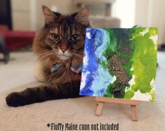 Seaside Gaze 5 in by 5 in acrylic canvas by  fluffy Maine coon cat,  Cat art painted by feline,  Cat wall art