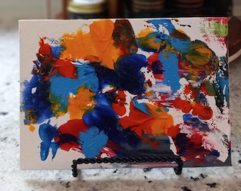 Poppies-Colorful 5x7 Acrylic Painting Created by My Three Cats - Blue, Red and Orange hues. Feline artists, cat painting, Cat Mom gift