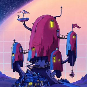 Könnte beinhalten: Eine digitale Illustration eines mehrstöckigen, organisch geformten Gebäudes in Rosa- und Blautönen mit leuchtend gelben Fenstern, einem kleinen Balkon mit Teleskop, einer hängenden augenförmigen Laterne und einer Flagge vor einem Sternenhimmel.