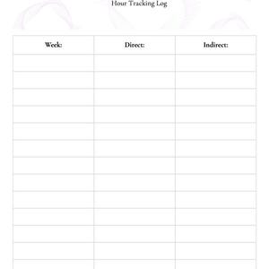 May include: A white paper form titled LPC-Associate Hour Tracking Log with a field for Name at the top. The document features a table with three columns labeled Week, Direct, and Indirect, containing fifteen rows for recording professional hours.