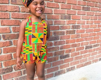 5T NB Black Orange Green Kente Print African Ankara Kente Print Romper Baby Jumpsuit Toddler Kids Girls