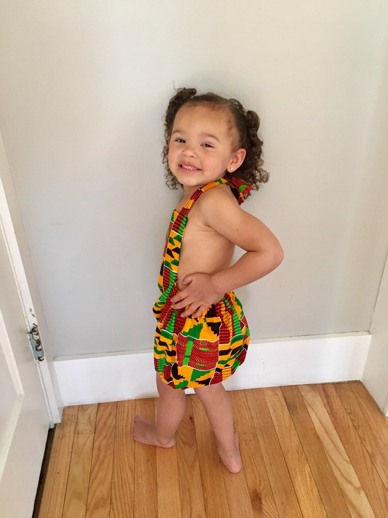 5T NB Black Orange Green Kente Print African Ankara Kente Print Romper Baby Jumpsuit Toddler Kids Girls