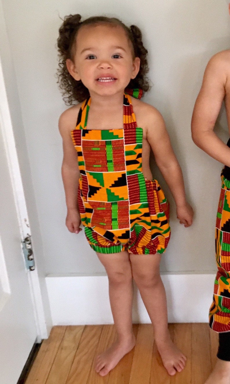 5T NB Black Orange Green Kente Print African Ankara Kente Print Romper Baby Jumpsuit Toddler Kids Girls