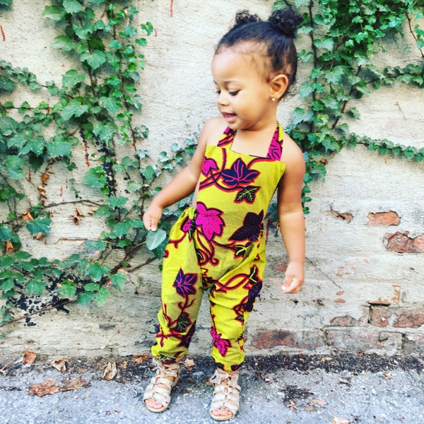 Ankara African Print Jumpsuit Romper  - Citrine Burgundy Floral Leaves Print - sizes 0-3m up to 5t