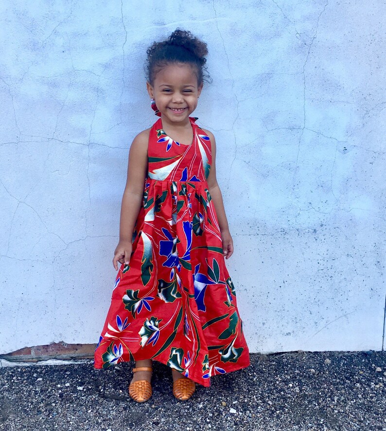 Kids Girls Ankara Tropical Print Boho Maxi Dress Red Hawaiian Tropical Floral Ankara Fabric Baby Toddler Kids Sizes NB 5T