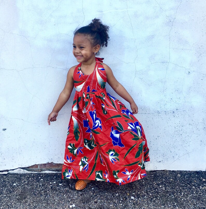 Kids Girls Ankara Tropical Print Boho Maxi Dress Red Hawaiian Tropical Floral Ankara Fabric Baby Toddler Kids Sizes NB 5T