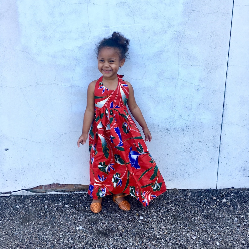 Kids Girls Ankara Tropical Print Boho Maxi Dress Red Hawaiian Tropical Floral Ankara Fabric Baby Toddler Kids Sizes NB 5T