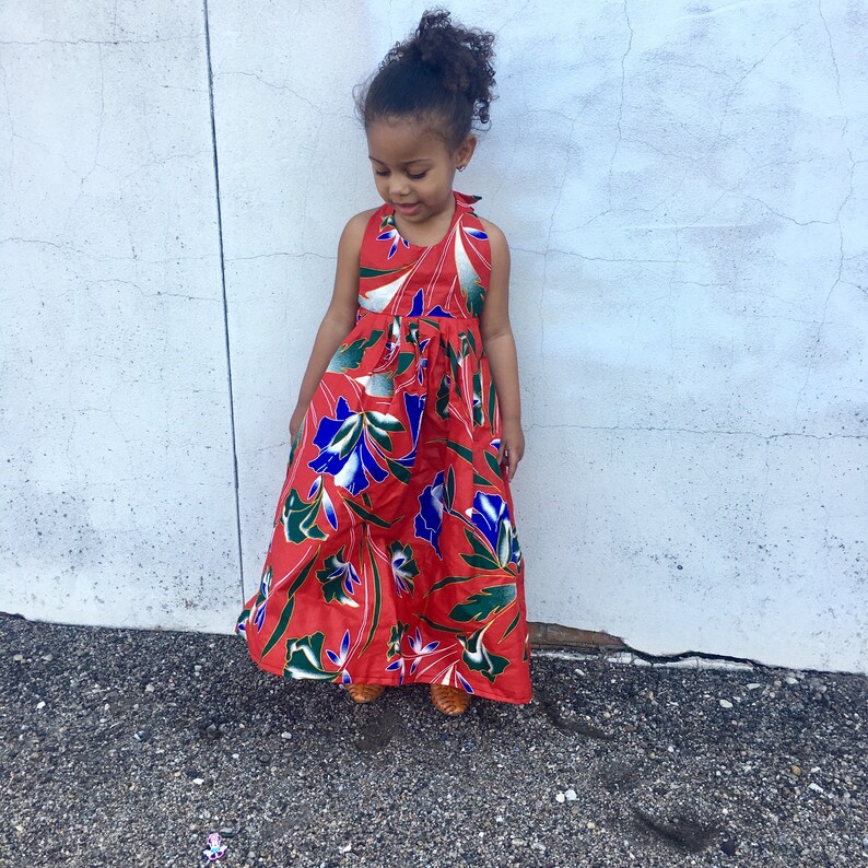 Kids Girls Ankara Tropical Print Boho Maxi Dress Red Hawaiian Tropical Floral Ankara Fabric Baby Toddler Kids Sizes NB 5T