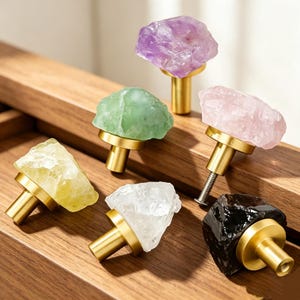 Tiradores de cajón de latón con cristal natural en bruto, tiradores de armario con piedras preciosas irregulares, herrajes para muebles de decoración estilo boho.