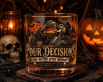 Skelettwhiskyglas, bourbonglas med hällbeslut, halloweenbarglas, läskig skelettpresent
