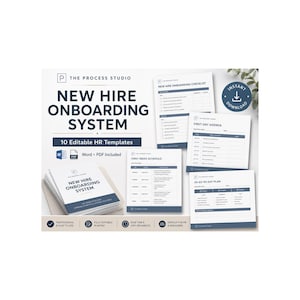 May include: A New Hire Onboarding System document set featuring 10 editable HR templates in Word and PDF formats. The collection includes a checklist, first-day agenda, first-week schedule, and a 30-60-90 day plan with dark blue and white text.