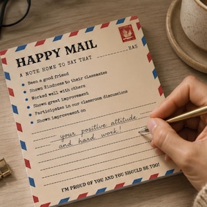 May include: A rectangular notepad with a vintage airmail border of red and blue slanted stripes. The paper features the text HAPPY MAIL, A NOTE HOME TO SAY THAT, and a checklist of positive behaviors, with handwritten text on the lines below.