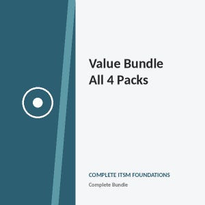 Puede incluir: Un gráfico digital que presenta un panel izquierdo de color verde azulado oscuro con un icono de círculo blanco y un panel derecho blanco que contiene el texto Value Bundle All 4 Packs, seguido del texto más pequeño COMPLETE ITSM FOUNDATIONS y Complete Bundle.
