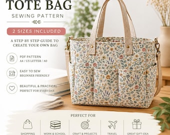 May include: A tote bag sewing pattern featuring a floral print bag with three front pockets, two top handles, and a detachable shoulder strap. The text includes TOTE BAG SEWING PATTERN, 2 SIZES INCLUDED, A STEP BY STEP GUIDE TO CREATE YOUR OWN BAG.