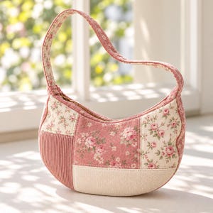 May include: A crescent-shaped handbag featuring a patchwork design of pink and cream fabrics. The exterior displays a mix of floral patterns and solid corduroy textures, complemented by a single shoulder strap and a top zipper closure.