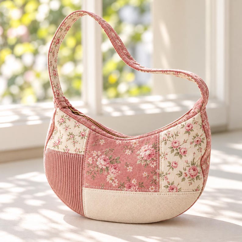 May include: A crescent-shaped handbag featuring a patchwork design of pink and cream fabrics. The exterior displays a mix of floral patterns and solid corduroy textures, complemented by a single shoulder strap and a top zipper closure.