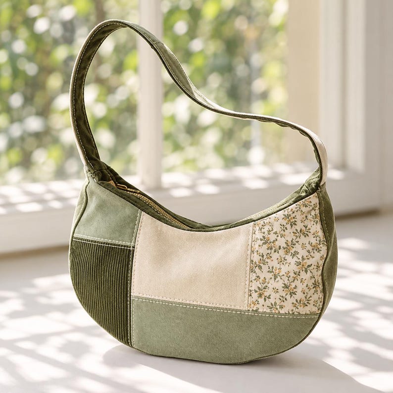 May include: A crescent-shaped shoulder bag featuring a patchwork design of olive green corduroy, solid cream canvas, and a cream fabric with a small floral print. The bag has a single matching olive green strap and a top zipper closure.