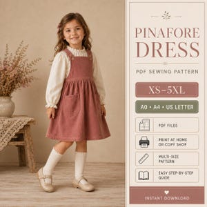 Könnte beinhalten: Ein altrosa Cord-Trägerkleid mit zwei Vordertaschen und Knopfriemen, getragen über einer langärmeligen weißen Bluse mit gerüschten Manschetten. Der Text lautet PINAFORE DRESS PDF SEWING PATTERN, XS-5XL, A0, A4, US LETTER, PDF FILES, PRINT AT HOME OR COPY SHOP, MULTI-SIZE PATTERN, EASY STEP-BY-STEP GUIDE, INSTANT DOWNLOAD.