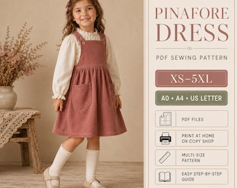 May include: A dusty rose corduroy pinafore dress with two front pockets and button straps, worn over a long-sleeved white blouse with ruffled cuffs. The text reads PINAFORE DRESS PDF SEWING PATTERN, XS-5XL, A0, A4, US LETTER, PDF FILES, PRINT AT HOME OR COPY SHOP, MULTI-SIZE PATTERN, EASY STEP-BY-STEP GUIDE, INSTANT DOWNLOAD.
