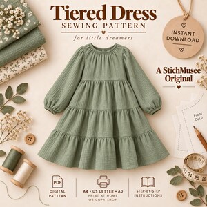 Girls Tiered Raglan Dress Sewing Pattern, Long Sleeve Kids Dress (PDF)