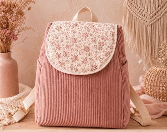 Backpack Sewing Pattern, Pink Corduroy Floral Flap Bag, 3 Sizes, PDF Download